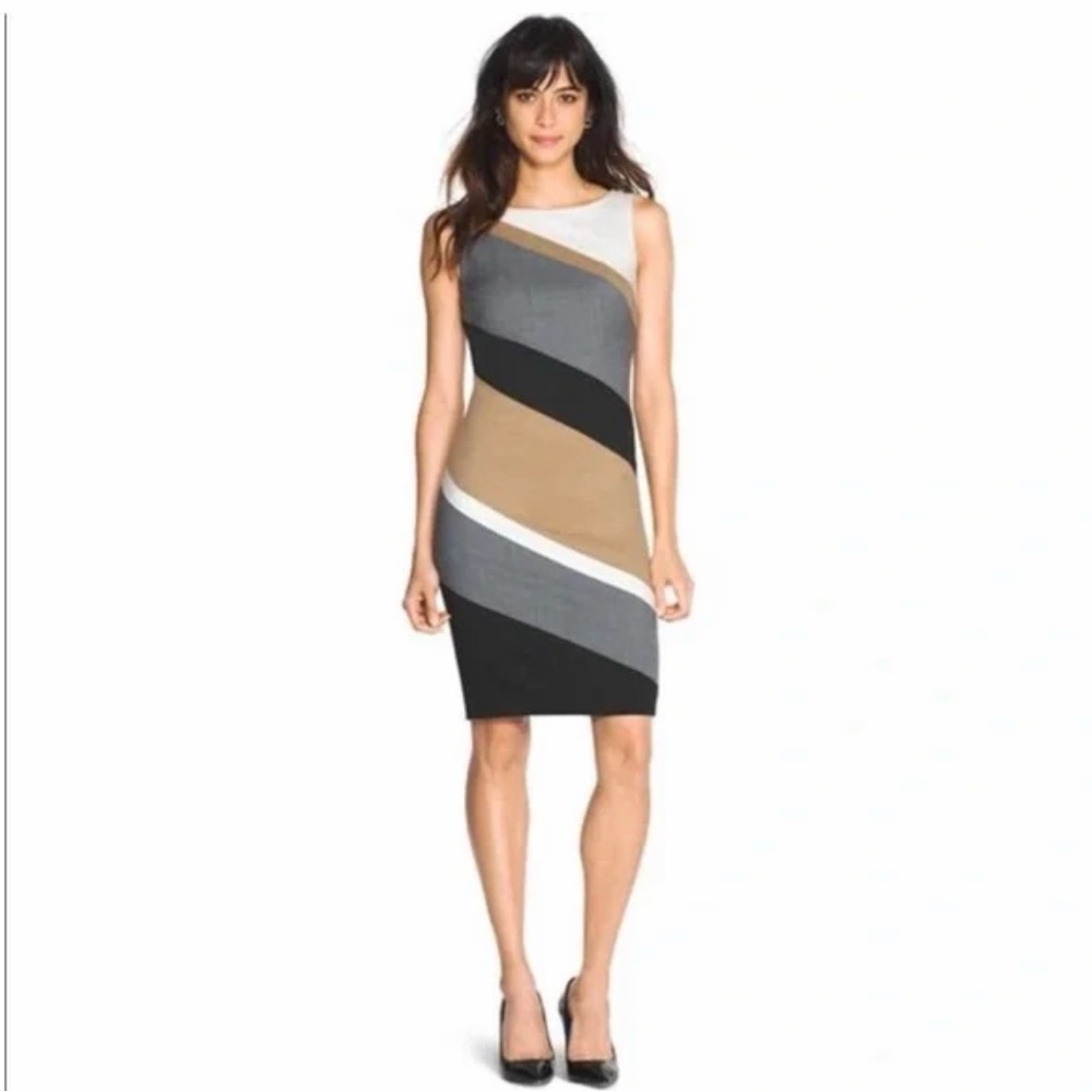 White House Black Market Colorblock Sheath Dress Neutral Sz 2 Stretch Wool Silk